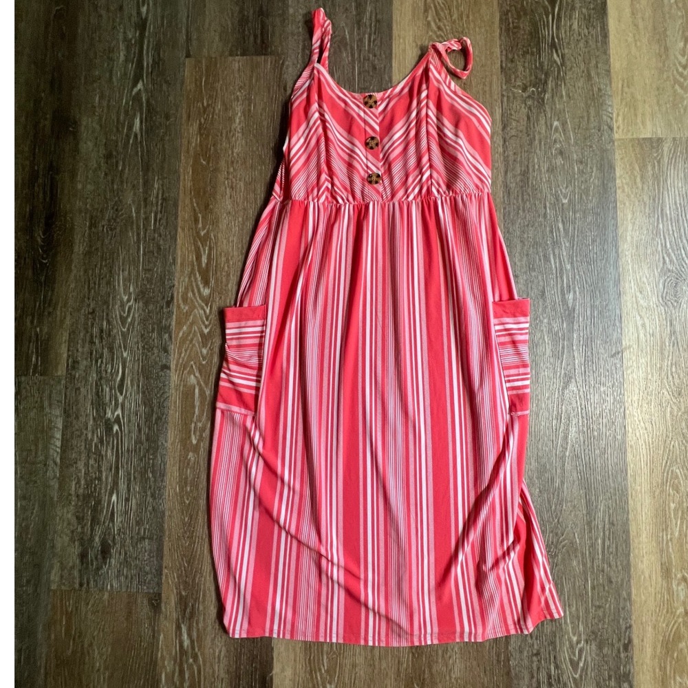Bobbie Brooks Midi Dress Womens Small Pink Striped Tie Strap Pocket Button Front
